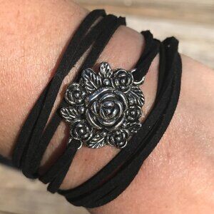 Tie Wrap Floral Rose Silver Bracelet Cuff Yoga Boho Biker